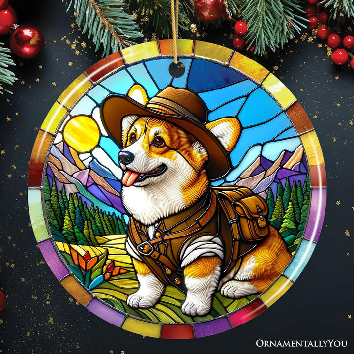 Corgi Adventurer Stained Glass Style Ceramic Ornament, Adorable Christmas Gift and Decor Ceramic Ornament OrnamentallyYou Circle 