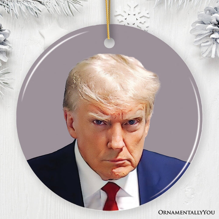 Donald Trump Mugshot Mean Muggin Ornament, Funny Christmas Decoration Ceramic Ornament OrnamentallyYou Circle 