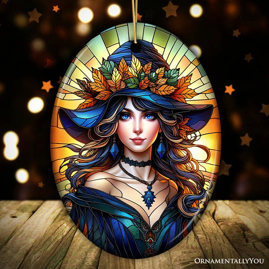 Enchanting Autumn Witch Ornament, Witchy Fall Girl Gift and Decor Ceramic Ornament OrnamentallyYou Oval 