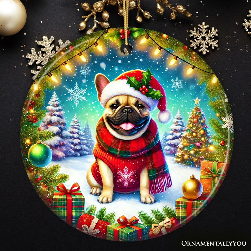 Frosty French Bulldog Ornament, Charming Pup Decoration for Magical Christmas Ceramic Ornament OrnamentallyYou 