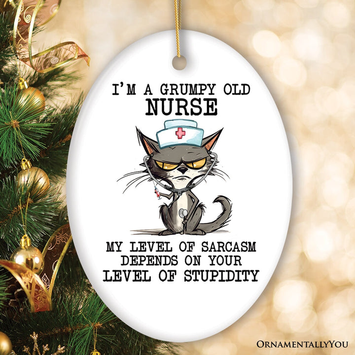 Grumpy Old Nurse Cat, Cute and Funny Christmas Gift Ceramic Ornament OrnamentallyYou Oval 