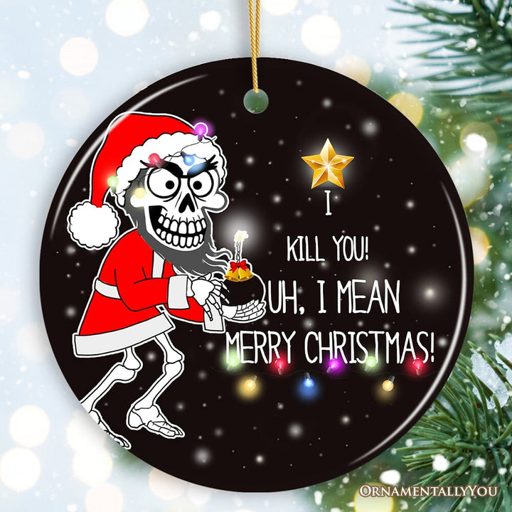 Hilarious Skeleton Bomber Christmas Ornament, Bomb for a Present Funny Comedy Gift Ceramic Ornament OrnamentallyYou Circle 