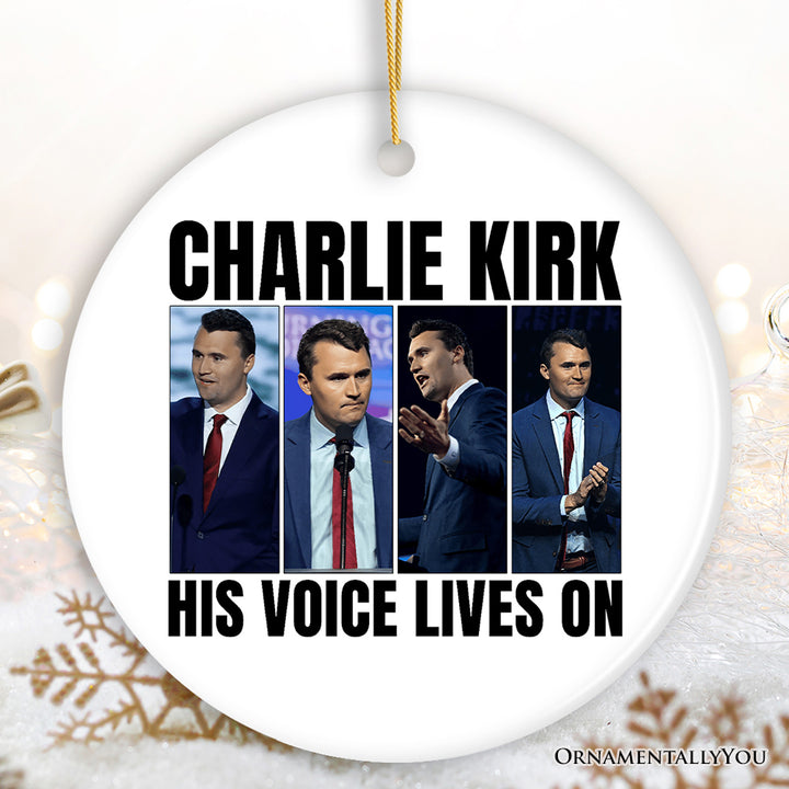 His Voice Lives On Charlie Kirk Graphic Christmas Ornament, Patriotic Republican Gift and Tree Decor