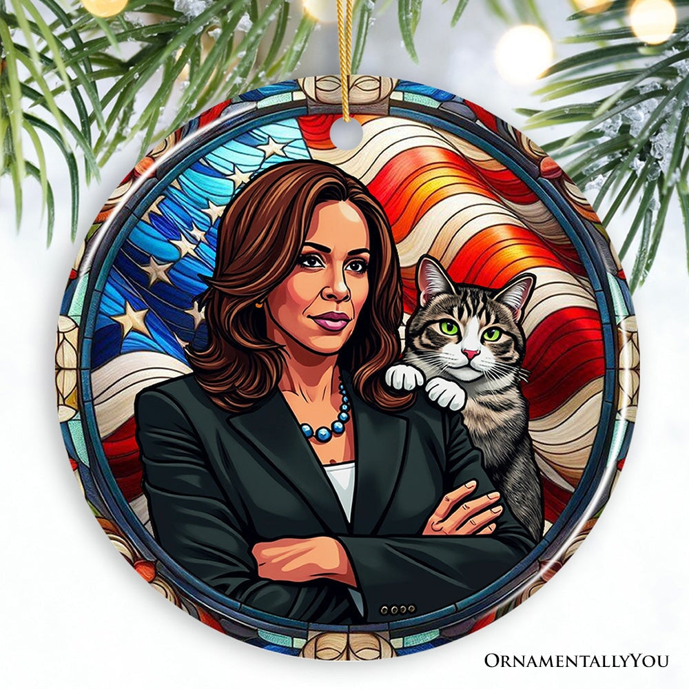 Kamala Harris Patriotic Paws Ornament, Inspiring Symbol of Strength and Compassion Gift Ceramic Ornament OrnamentallyYou Circle 