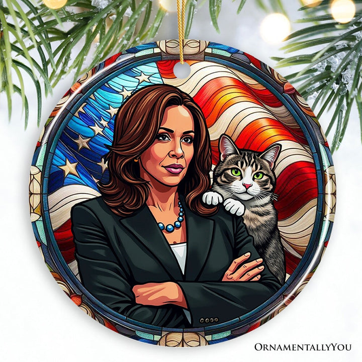 Kamala Harris Patriotic Paws Ornament, Inspiring Symbol of Strength and Compassion Gift Ceramic Ornament OrnamentallyYou Circle 