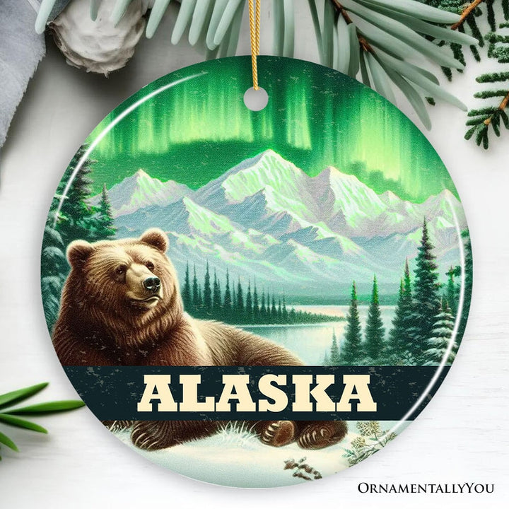 Majestic Alaska Wilderness Vintage Ornament, Northern Lights Grizzly Bear Christmas Gift and Nature Souvenir Ceramic Ornament OrnamentallyYou Circle 