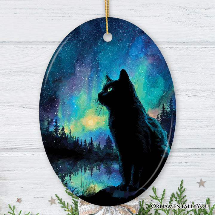 Mystic Aurora Cat Ceramic Ornament, Northern Lights Feline Gift and Tree Decor
