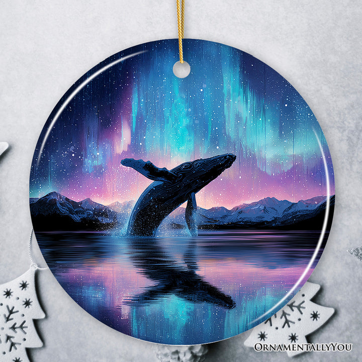 Ocean Aurora Whale Ceramic Ornament, Northern Lights Wildlife Gift and Tree Decor