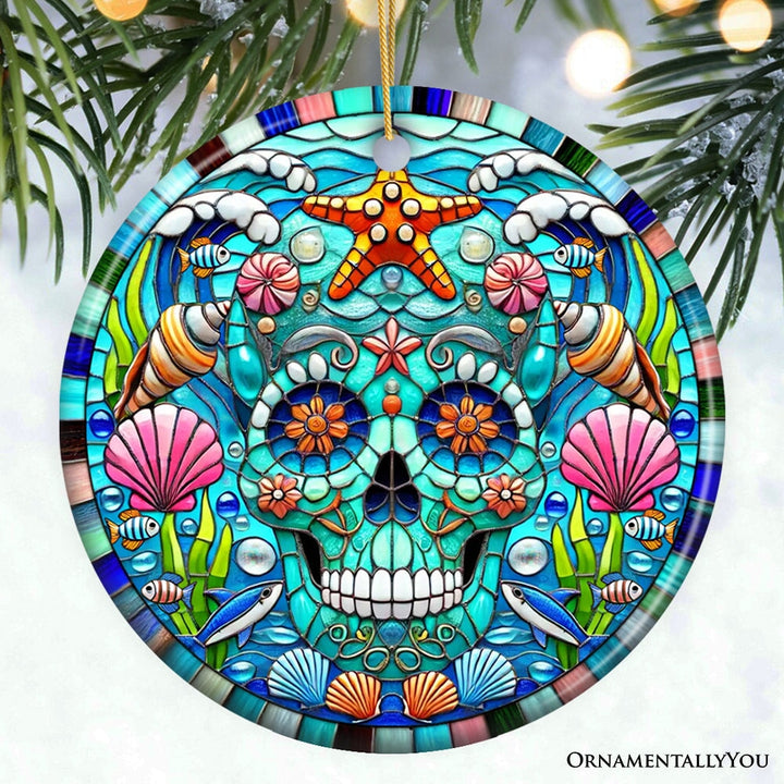 Oceanic Oasis Sugar Skull Stained Glass Style Ornament, Marine Wonder Christmas Gift and Decor Ceramic Ornament OrnamentallyYou Circle 