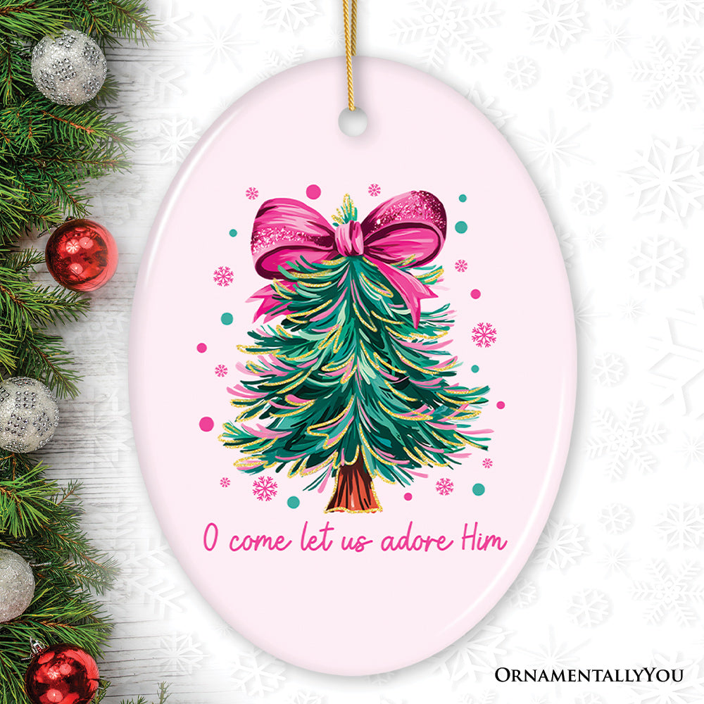 Glitter Christmas Tree Coquette Bow Ornament, O Come Let Us Adore Him Holiday Keepsake