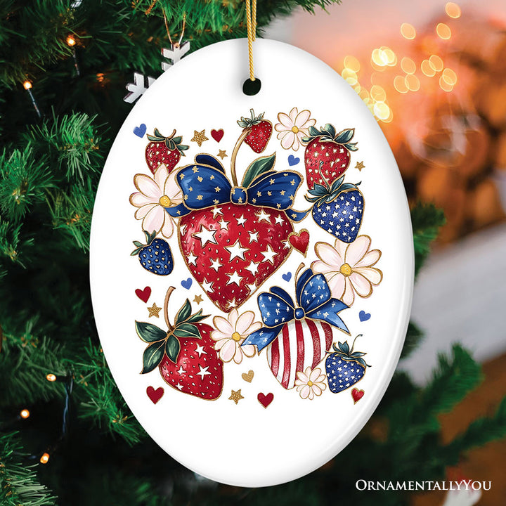 Patriotic Boho Strawberries Bouquet Ornament, 4th of July Festive Patch Christmas Tree Decor