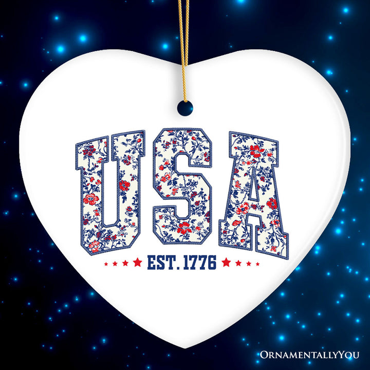 Patriotic USA Floral Ornament, 1776 Independence Day Christmas Gift and Tree Decor