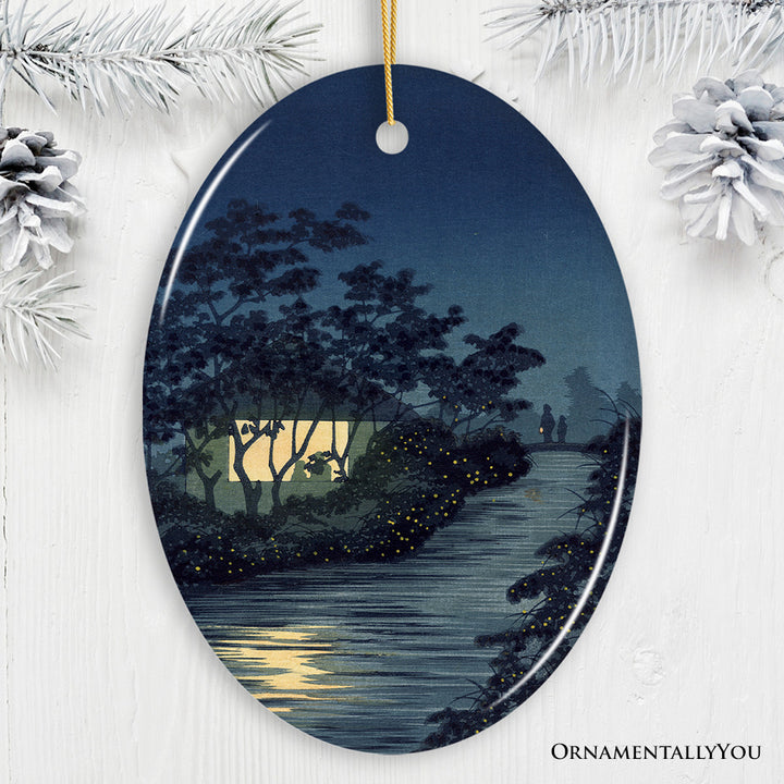 Semi-Traditional Japanese Painting Ornament, Kiyochika Kobayashi Fireflies on the Kinu River