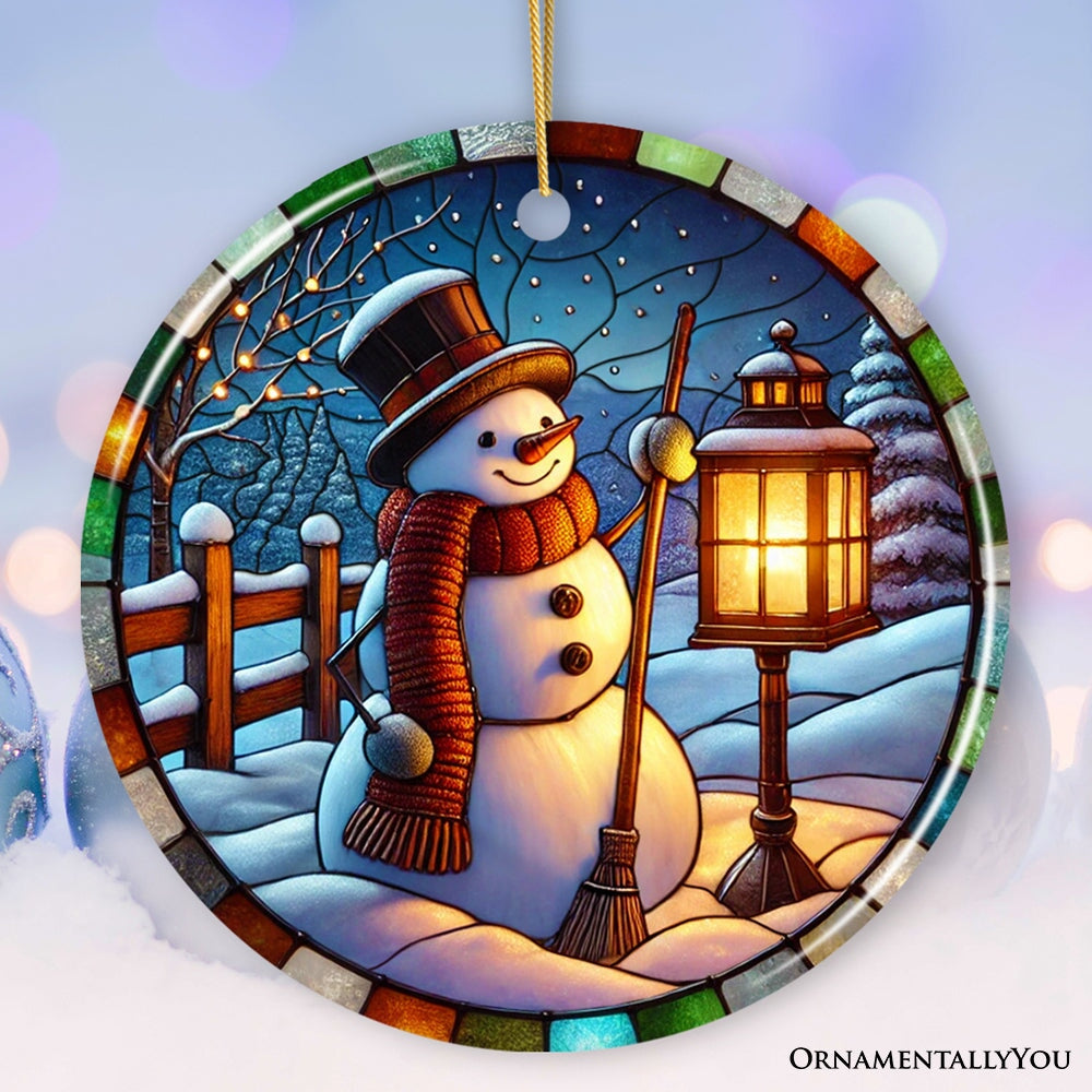 Serene Lantern Light Snowman with Top Hat Ornament, Gift for Joyful Winter Tranquility Decor Ceramic Ornament OrnamentallyYou Circle Version 2 