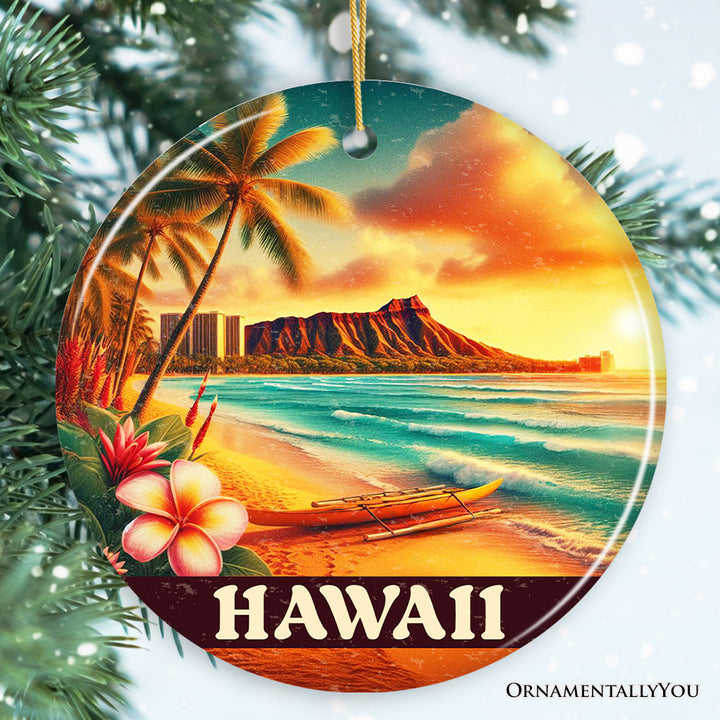Tropical Hawaii Island Christmas Ornament, Vibrant Diamond Head Seaside Gift and Honolulu Souvenir