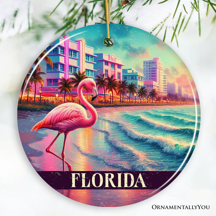 Vibrant Florida Flamingo Art Deco Ornament, Miami Beach Souvenir and Coastal Christmas Gift