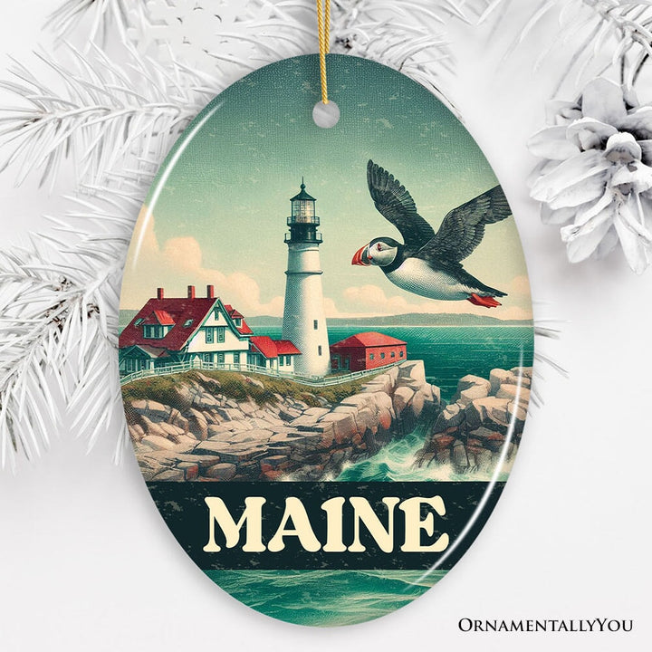 Vintage Maine Lighthouse and Puffin Ornament, New England Coastal Christmas Gift and Seaside Souvenir Ceramic Ornament OrnamentallyYou Oval 