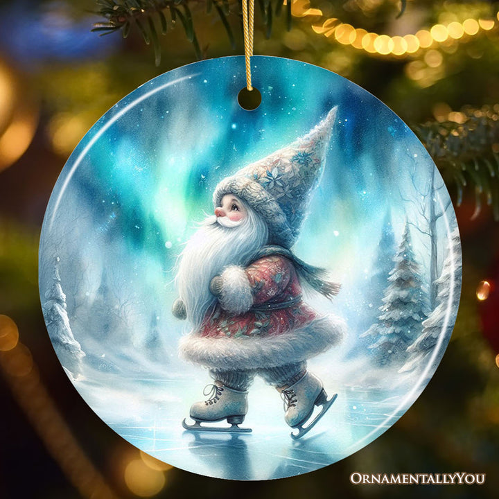 Whimsical Skater Gnome on Ice Ceramic Ornament, Magical Night Christmas Gift and Tree Decor
