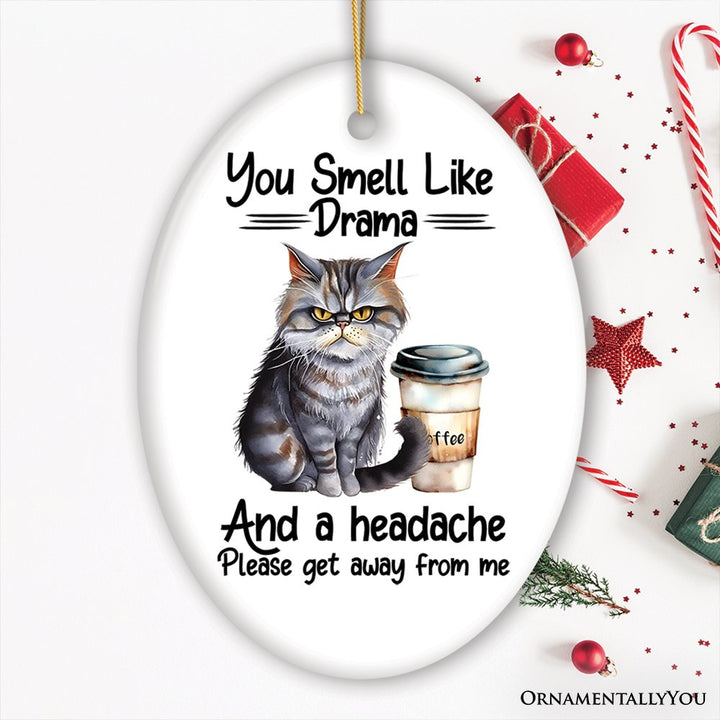 You Smell Like Drama Quirky Cat Ornament, Cute and Funny Christmas Gift Ceramic Ornament OrnamentallyYou Oval 