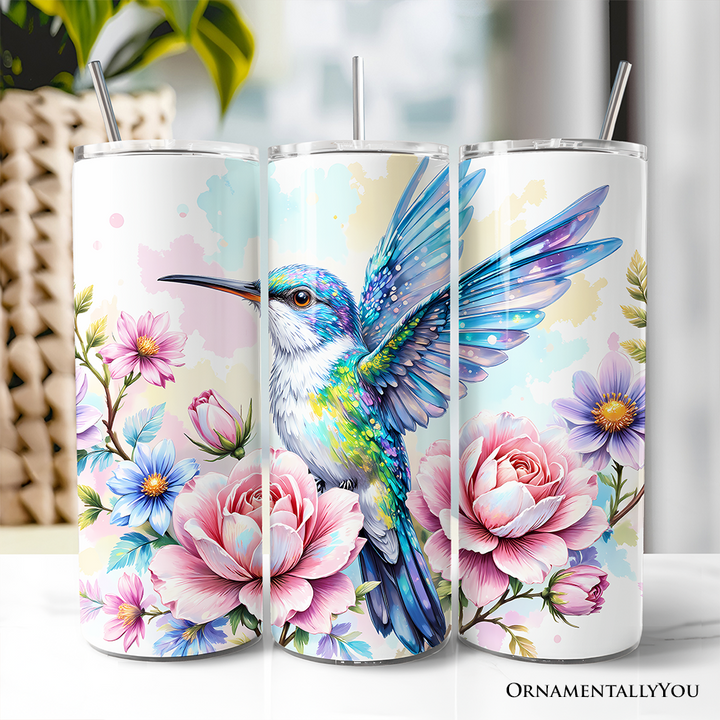 Beautiful Floral Hummingbird 20oz Personalized Tumbler With Lid and Stainless Steel Straw, Vibrant Roses Travel Mug Gift