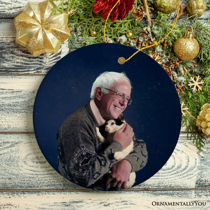 Bernie Sanders Ornament, Christmas Decoration Bernie Holding Cat Ceramic Ornament OrnamentallyYou Circle 