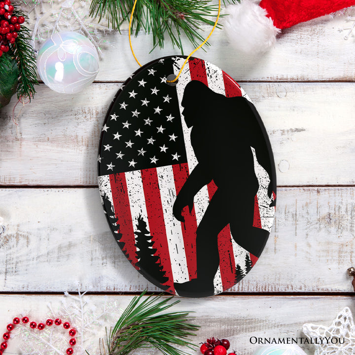 Bigfoot American Flag Ornament, Patriotic Sasquatch Gift and Tree Decor