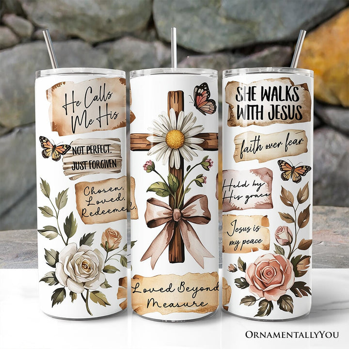 Boho Christian Cross 20oz Personalized Tumbler With Lid and Stainless Steel Straw, Vintage Floral Quotes Gift Cup Tumbler OrnamentallyYou Non-Customized 