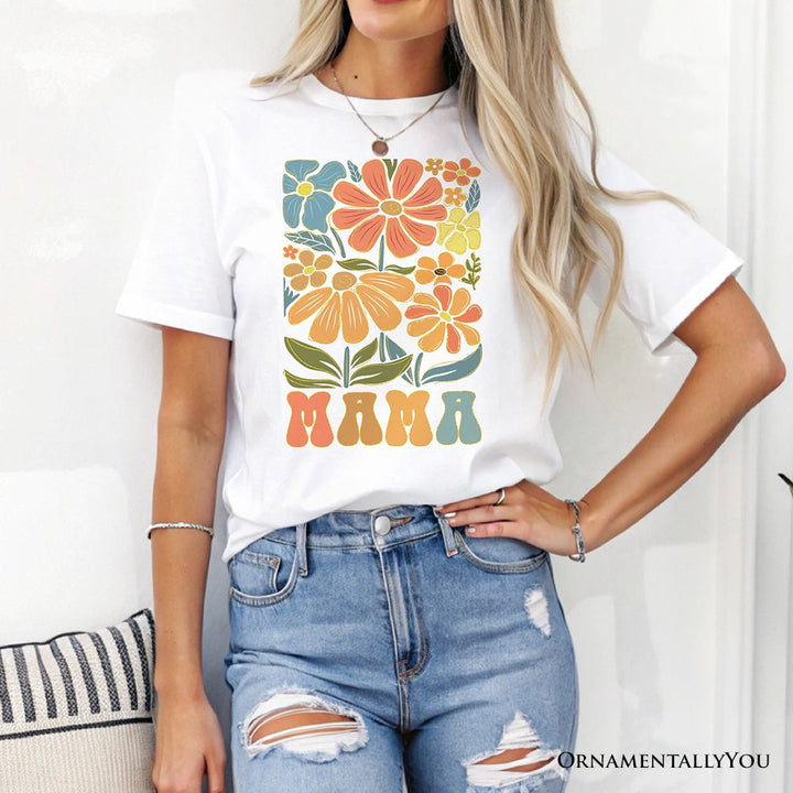 Boho Floral Mama T-Shirt, Natural and White Tee Large Flowers for Modern Moms T-Shirts OrnamentallyYou 