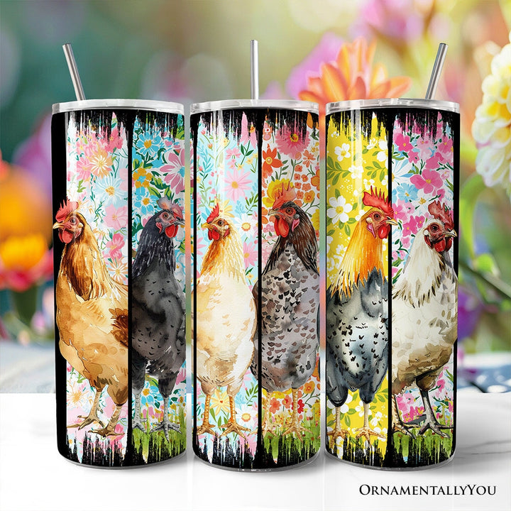 Brushstrokes Chicken Farm 20oz Personalized Tumbler With Lid and Stainless Steel Straw, Colorful Floral Farmlife Gift Cup Tumbler OrnamentallyYou Non-Customized 