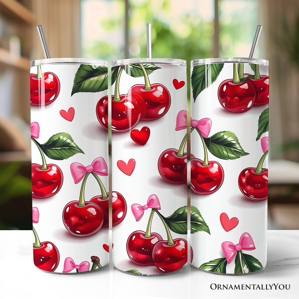 Cherry Bow Pattern 20oz Personalized Tumbler With Lid and Stainless Steel Straw, Valentine Travel Mug Gift Tumbler OrnamentallyYou Non-Customized 