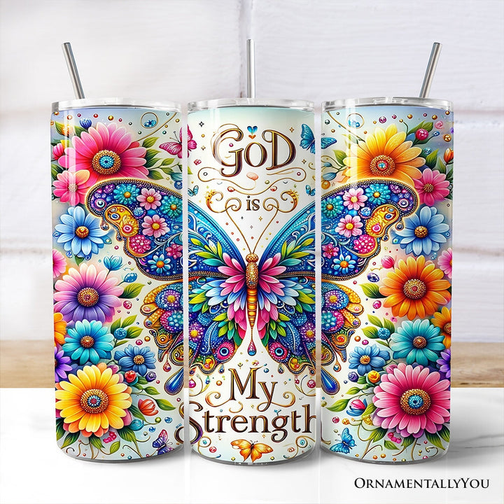 Christian Butterfly Floral 20oz Personalized Tumbler With Lid and Stainless Steel Straw, God Is My Strength Gift Cup Tumbler OrnamentallyYou Non-Customized 
