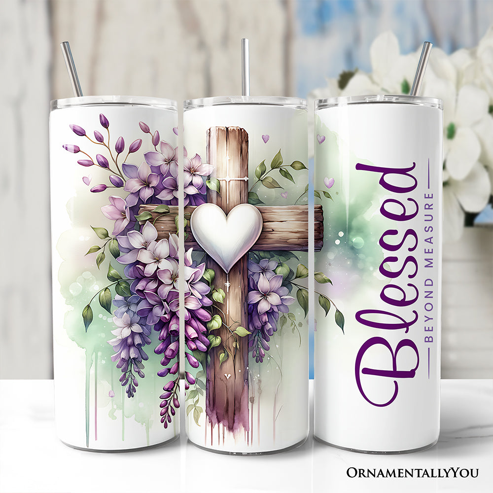 Christian Purple Wisteria Cross 20oz Personalized Tumbler With Lid and Stainless Steel Straw, Blessed Beyond Measure Gift Cup