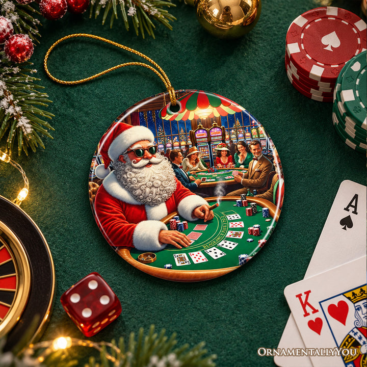 North Pole Poker Night Santa Claus at the Casino Christmas Ornament, High Roller Holiday Decor