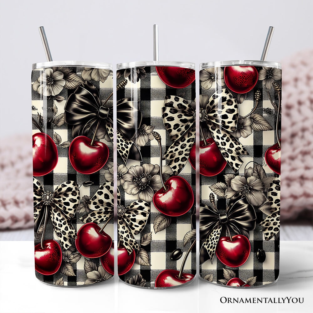 Coquette Cherries And Bows 20oz Personalized Tumbler With Lid and Stainless Steel Straw, Vintage Girly Buffalo Plaid Gift Cup Tumbler OrnamentallyYou Non-Customized 