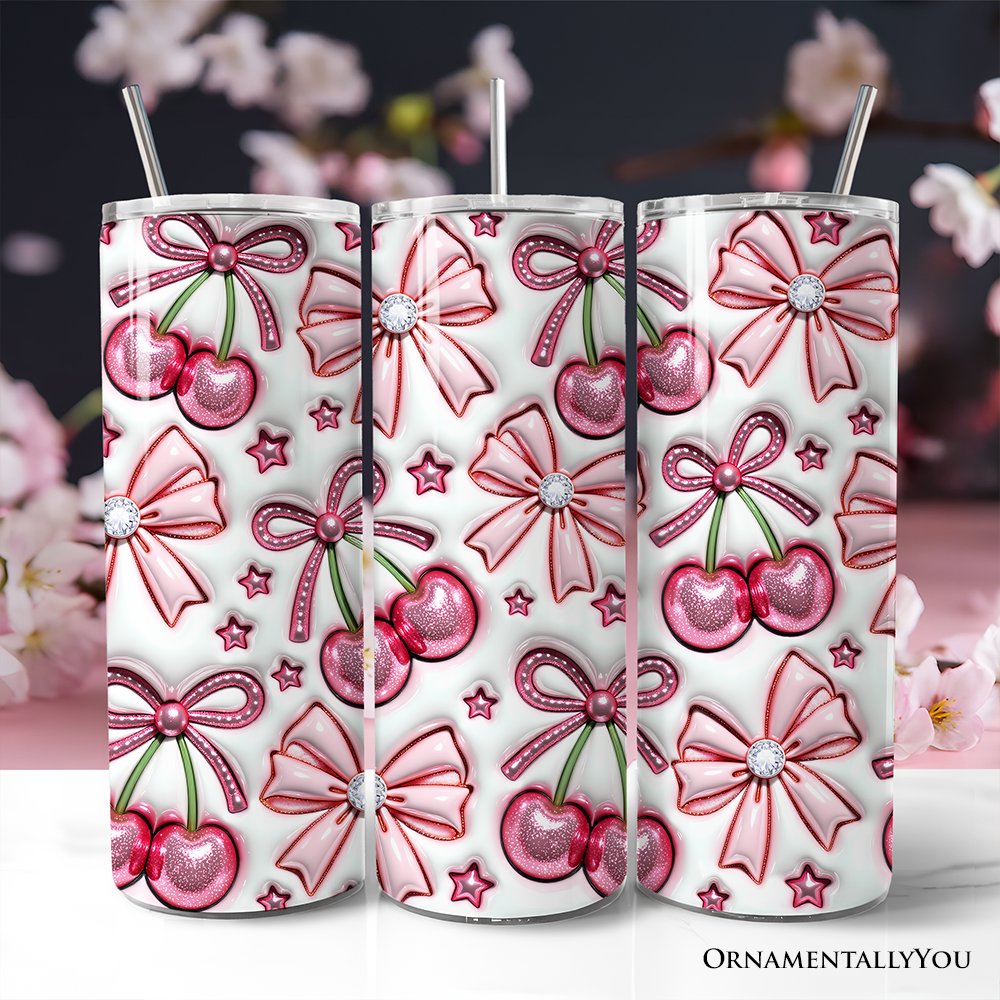 Coquette Cherry Bows 3D Inflated Tumbler With Lid and Stainless Steel Straw, Spring Floral Travel Mug Gift Tumbler OrnamentallyYou Non-Customized 