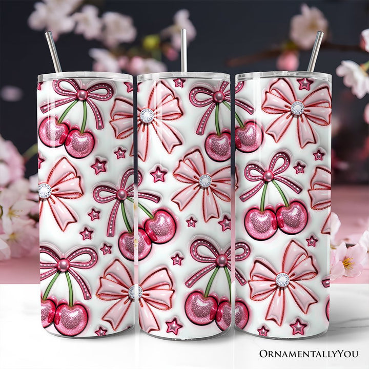 Coquette Cherry Bows 3D Inflated Tumbler With Lid and Stainless Steel Straw, Spring Floral Travel Mug Gift Tumbler OrnamentallyYou Non-Customized 
