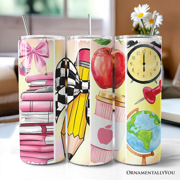Coquette Pink Teacher 20oz Personalized Tumbler With Lid and Stainless Steel Straw, Retro School Brushstrokes Gift Cup Tumbler OrnamentallyYou Non-Customized 