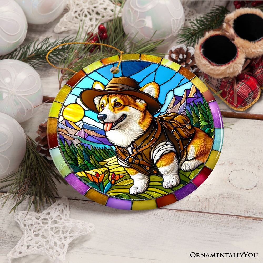 Corgi Adventurer Stained Glass Style Ceramic Ornament, Adorable Christmas Gift and Decor Ceramic Ornament OrnamentallyYou 