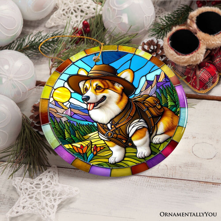 Corgi Adventurer Stained Glass Style Ceramic Ornament, Adorable Christmas Gift and Decor Ceramic Ornament OrnamentallyYou 