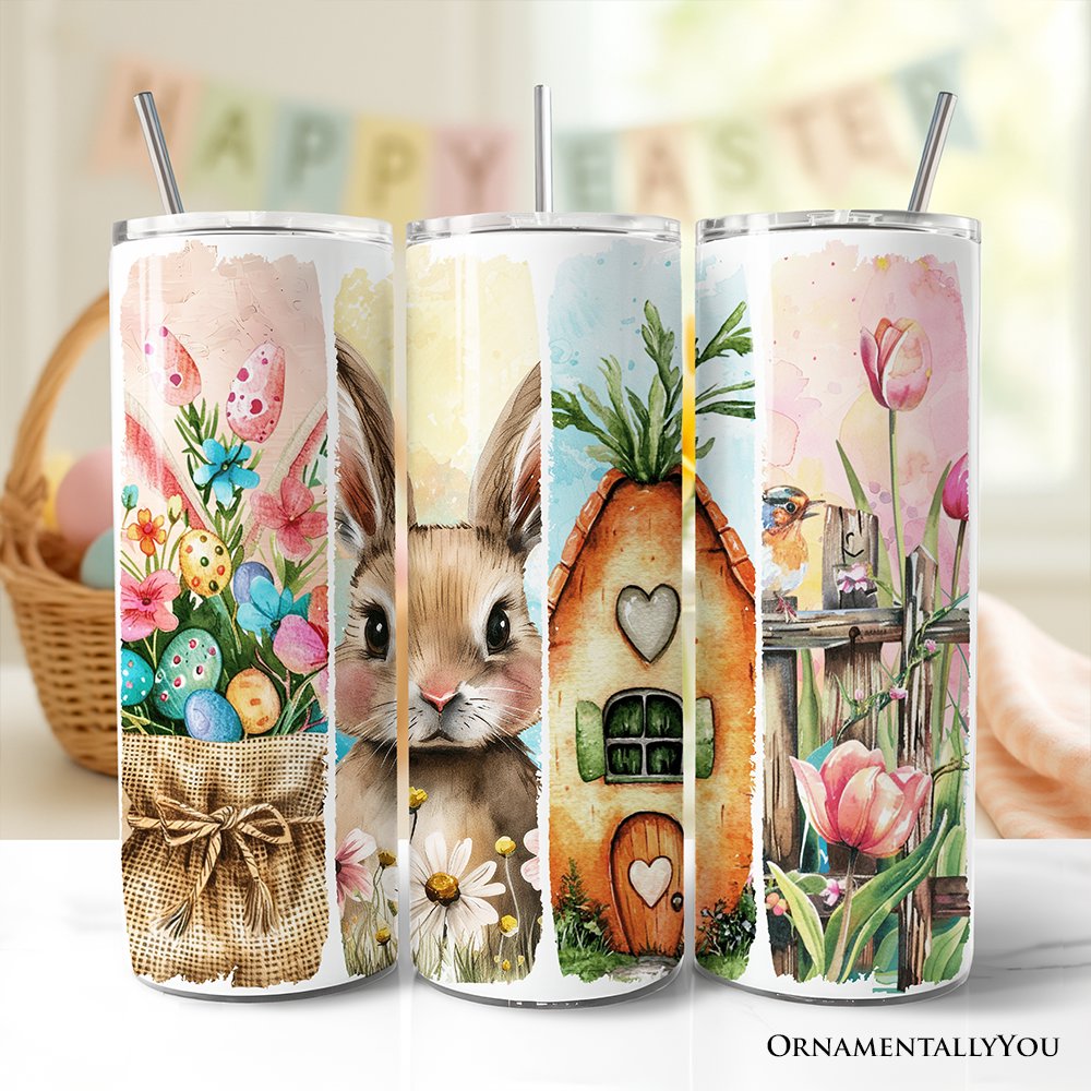 Easter Bunny Floral Brushstroke 20oz Personalized Tumbler With Lid and Stainless Steel Straw, Spring Pastel Coquette Travel Mug Gift Tumbler OrnamentallyYou Non-Customized 