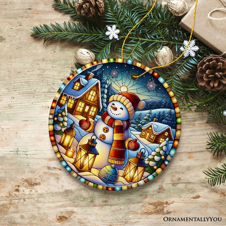 Enchanting Snowman with Cozy Lantern in Winter Village Ceramic Ornament for Decor and Gift Ceramic Ornament OrnamentallyYou 