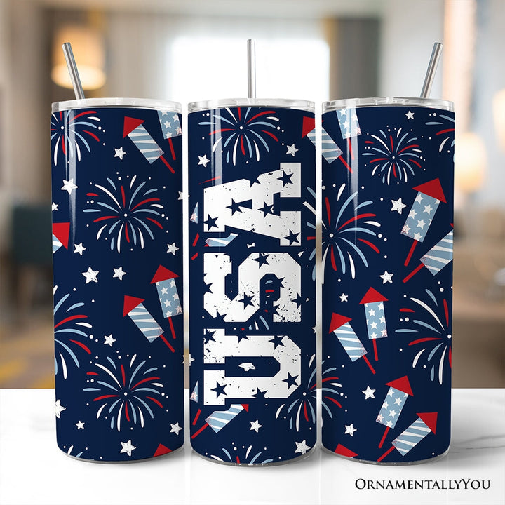 Fireworks USA Block Letters 20oz Personalized Tumbler With Lid and Stainless Steel Straw, Vintage July 4th Patriotic Gift Cup Tumbler OrnamentallyYou Non-Customized 
