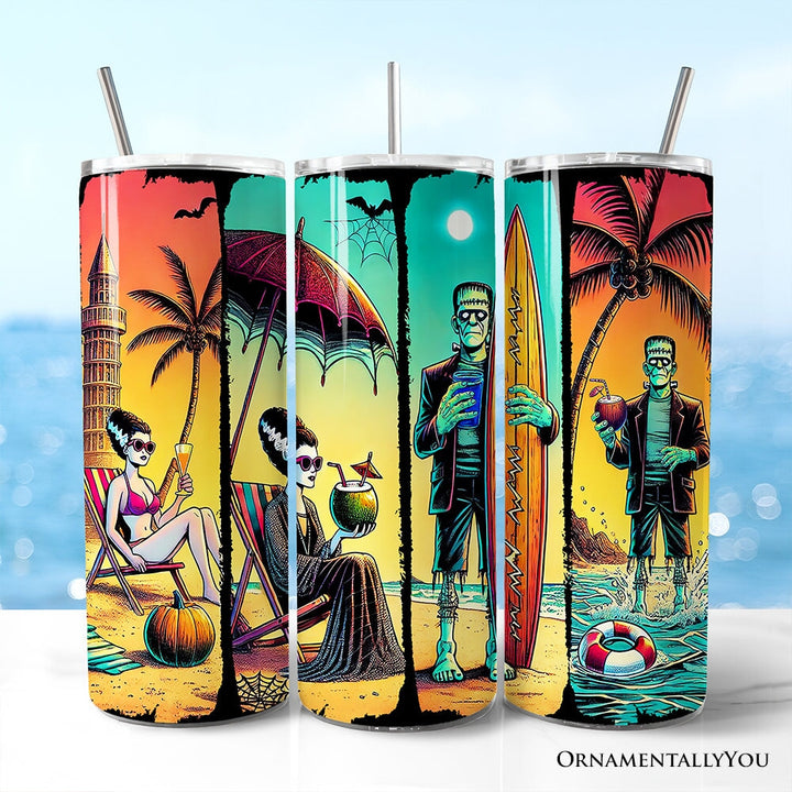 Frankenstein's Summer Beach Vacation 20oz Personalized Tumbler With Lid and Stainless Steel Straw, Retro Horror Neon Surf Gift Cup Tumbler OrnamentallyYou Non-Customized 
