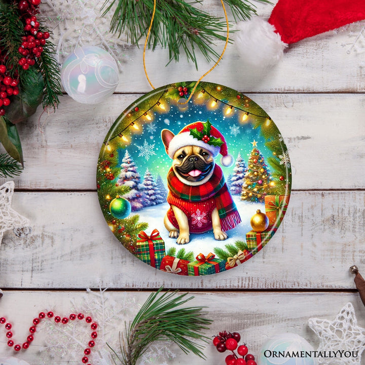 Frosty French Bulldog Ornament, Charming Pup Decoration for Magical Christmas Ceramic Ornament OrnamentallyYou 