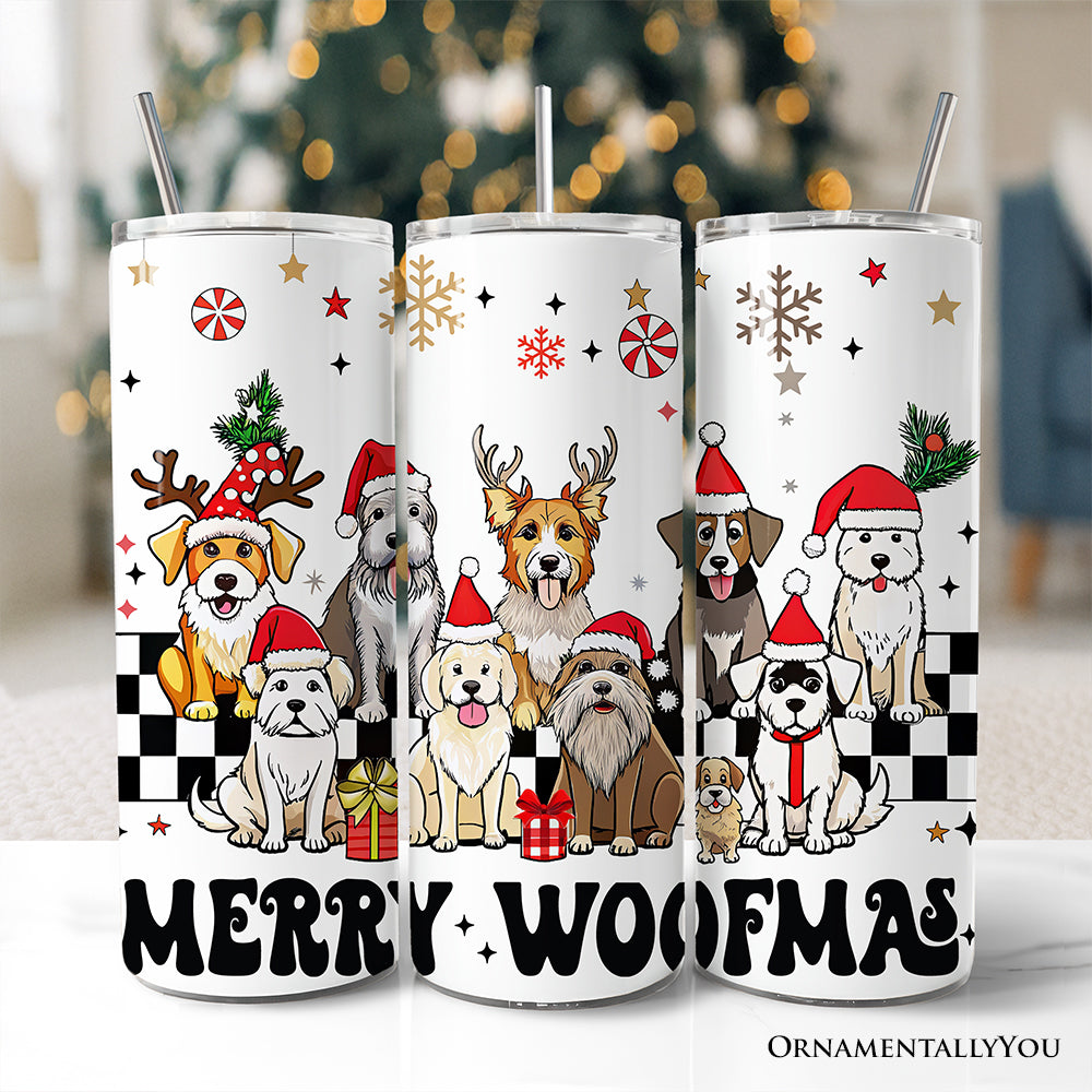 Funny Merry Woofmas 20oz Personalized Tumbler With Lid and Stainless Steel Straw, Dogs With Santa Hats Christmas Gift Cup