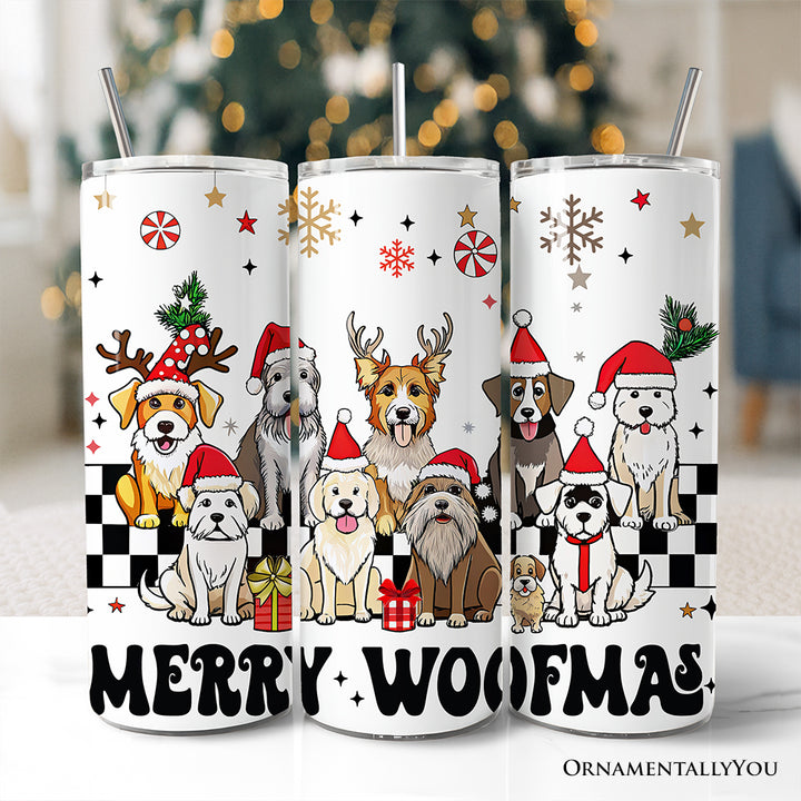 Funny Merry Woofmas 20oz Personalized Tumbler With Lid and Stainless Steel Straw, Dogs With Santa Hats Christmas Gift Cup