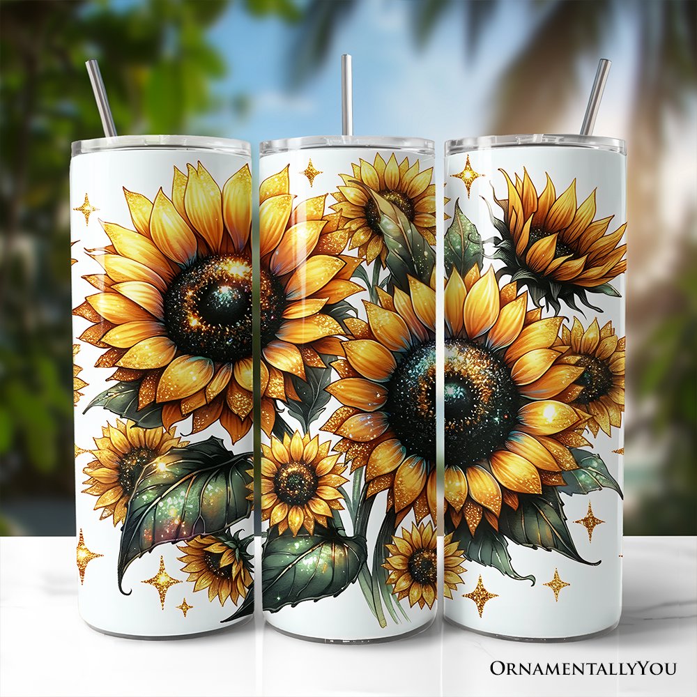 Glittered Sunflower Pattern 20oz Personalized Tumbler With Lid and Stainless Steel Straw, Yellow Summer Flowers Travel Mug Gift Tumbler OrnamentallyYou Non-Customized 