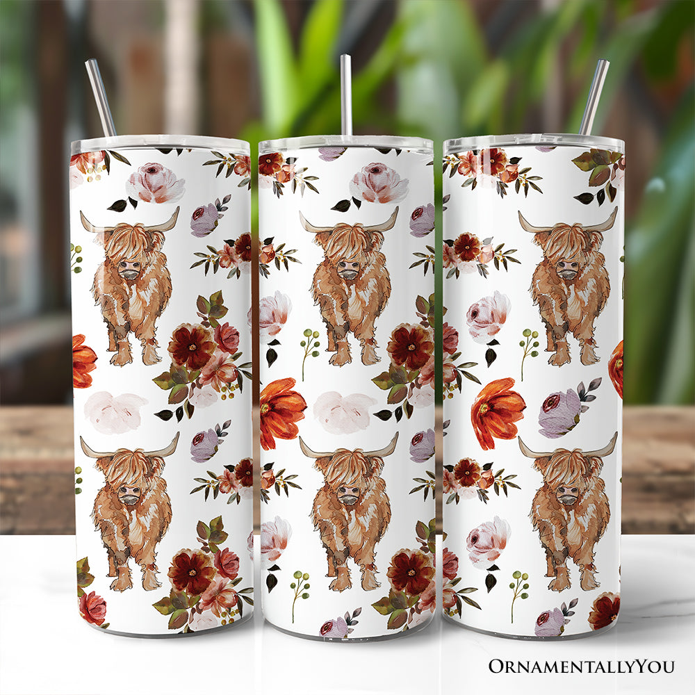 Highland Cow Floral 20oz Personalized Tumbler With Lid and Stainless Steel Straw, Chic Western Farmhouse Gift Cup