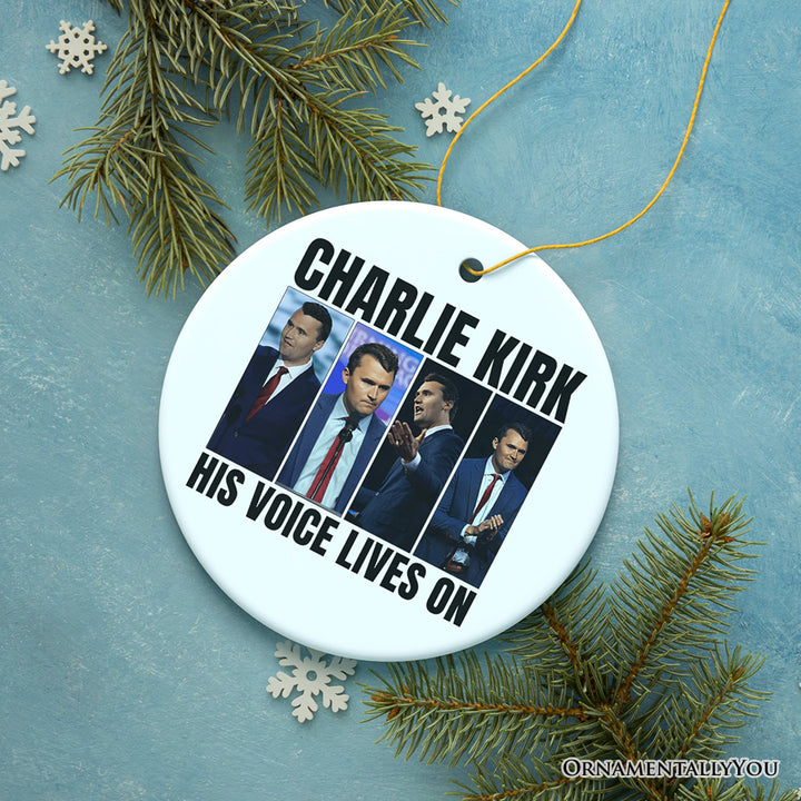 His Voice Lives On Charlie Kirk Graphic Christmas Ornament, Patriotic Republican Gift and Tree Decor