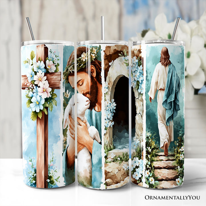 Jesus has Risen 20oz Personalized Tumbler With Lid and Stainless Steel Straw, Easter Blue Brushstrokes Spring Gift Cup